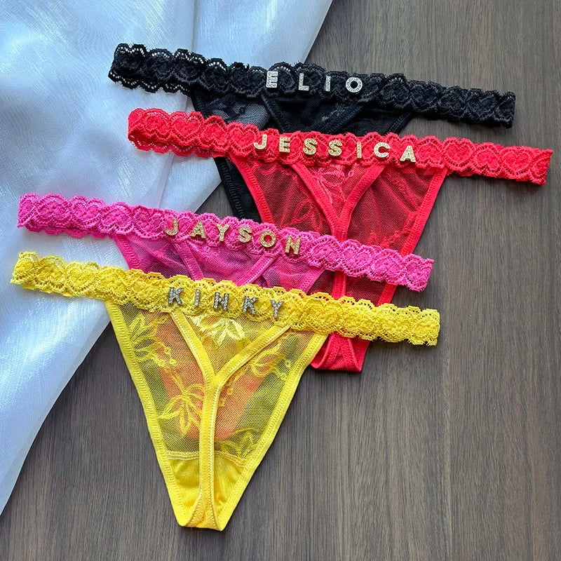 Personality Custom Name Crystal Letter Thong Lace Bikini Panties G-String Low Waist Briefs Sexy Body Jewelry for Hot Wife Gift